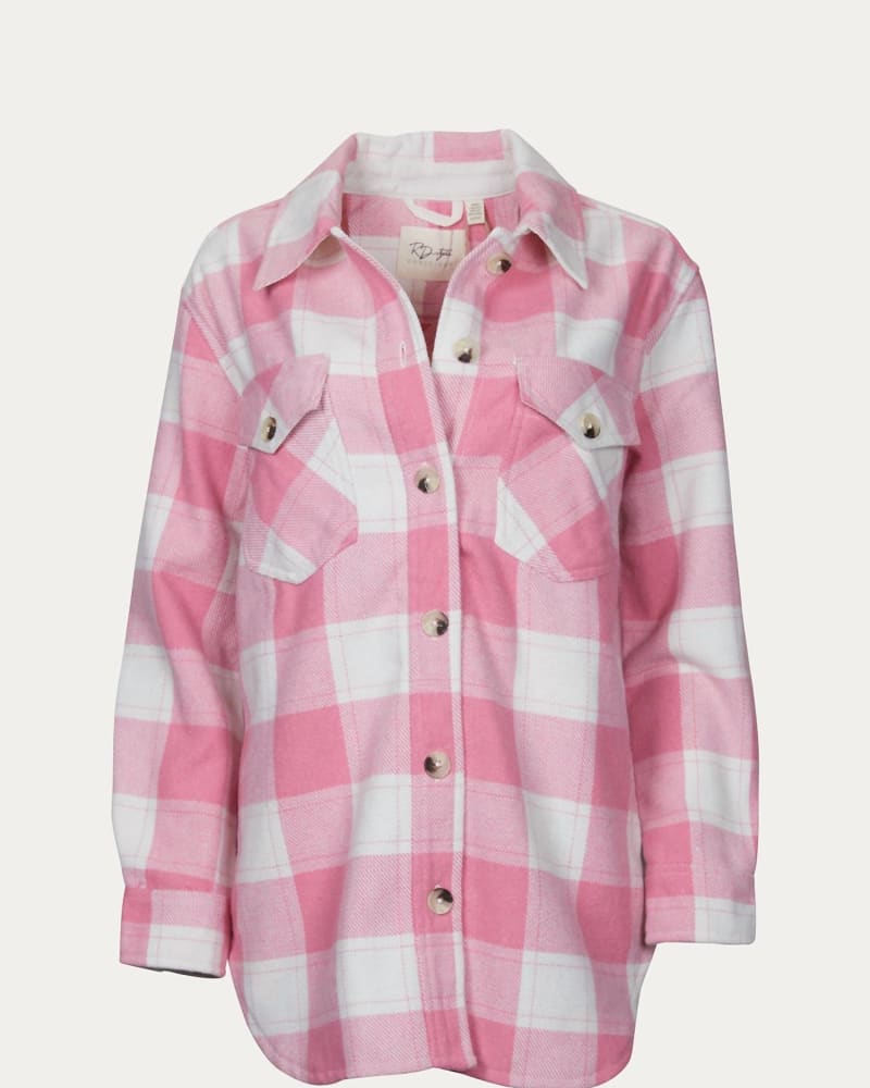 Front of a model wearing a size L Oversized Checked Shirt Jacket in Barbie Pink in Barbie Pink by RD Style. | dia_product_style_image_id:346073